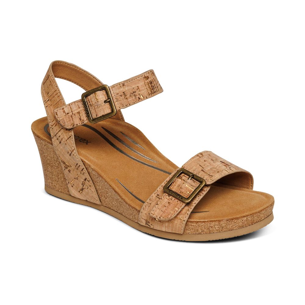 Aetrex Women's Lexa Quarter Strap Wedge Sandals - Yellow | USA 3ASOSWU